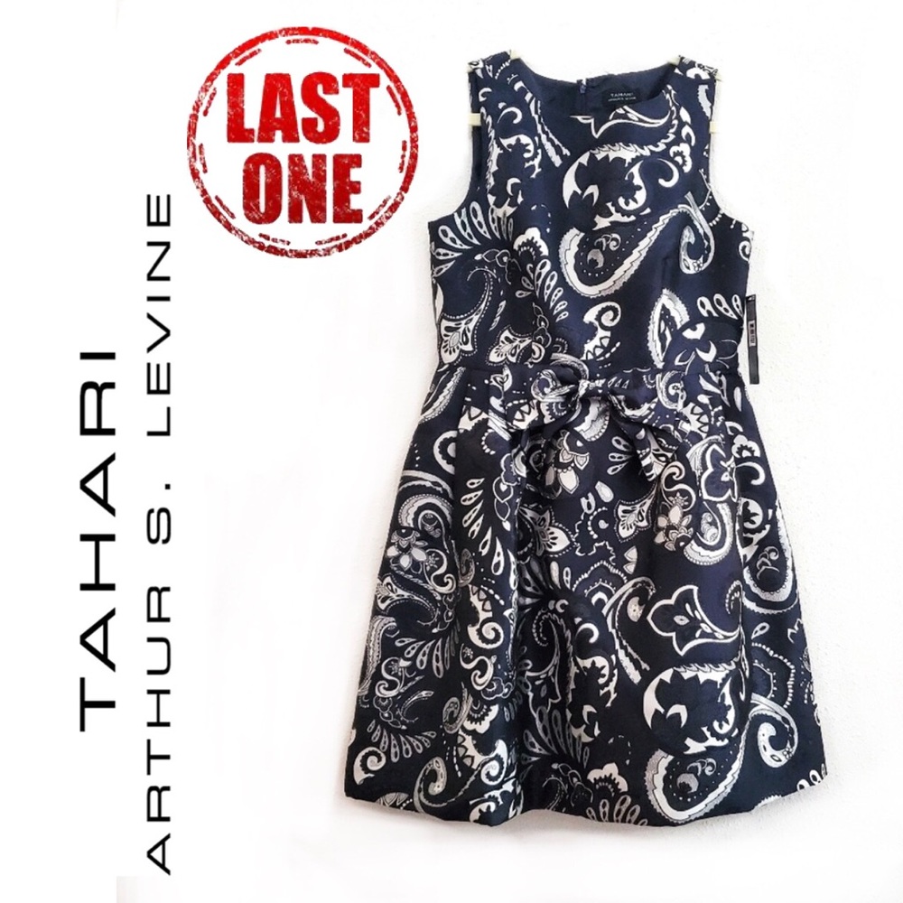 NWT Tahari ASL Navy Silver Paisley Brocade Dress